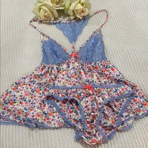 Victoria's Secret 2014 Blue Floral Lace Chemise Set